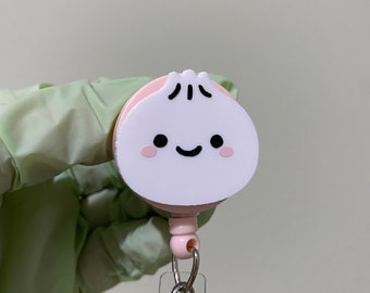 White Pink Dumpling Dough Smile Food Badge Reel, ID Holder, Kawaii Retractable, Accessory