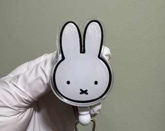 White Rabbit Bunny Animal Badge Reel, ID Holder, Kawaii Retractable, Accessory