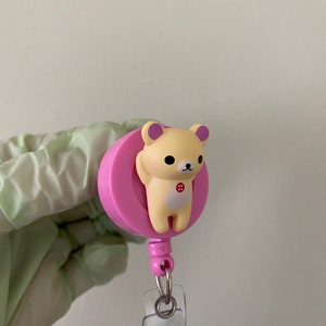 Beige Cream Brown Tan Bear Button Animal Kuma Badge Reel, ID Holder, Kawaii Retractable, Accessory