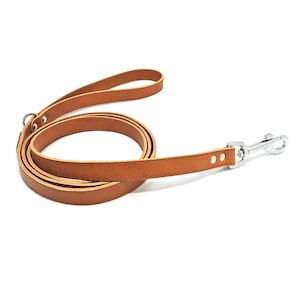 Könnte beinhalten: Eine braune Lederhundeleine mit einem silbernen Clip und zwei Messingnieten.