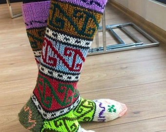 Hand Knitted Woolen Socks, Anatolian Ethnic Pattern, Warm Long Socks For Women, Multi Color Natural Wool Yarn Socks For Her