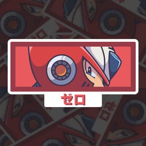 May include: A red sticker featuring a character's face with a white and blue helmet and a circular design. The Japanese word "Zero" is printed below the image in red.