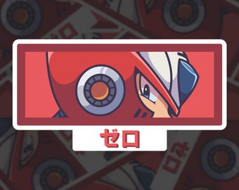 Può includere: Un adesivo rosso raffigurante il volto di un personaggio con un elmetto bianco e blu e un design circolare. La parola giapponese "Zero" è stampata sotto in rosso.