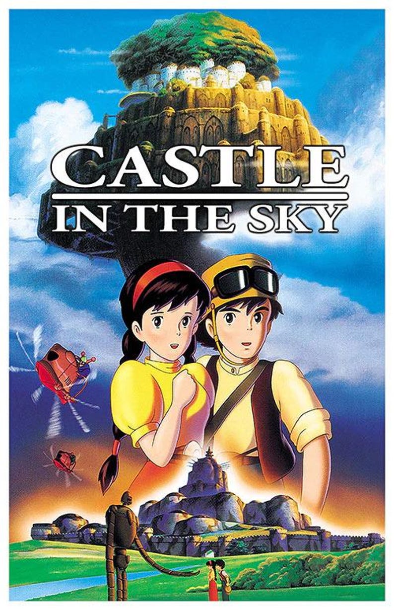 May include: Poster for "Castle in the Sky" animated film. Features two main characters, a girl and a boy, with a castle in the sky and flying machines. The title is prominently displayed in white text.