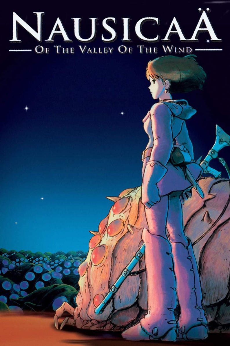 May include: Poster for the animated film "Nausica&auml; of the Valley of the Wind." The image features a character in a purple outfit standing on a large, insect-like creature. The background is a dark blue sky with stars.