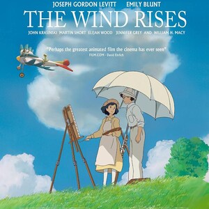 May include: Movie poster for "The Wind Rises," a Studio Ghibli film. The image features a couple under an umbrella, a plane, and text including the film's title and cast. The poster also highlights awards and nominations.