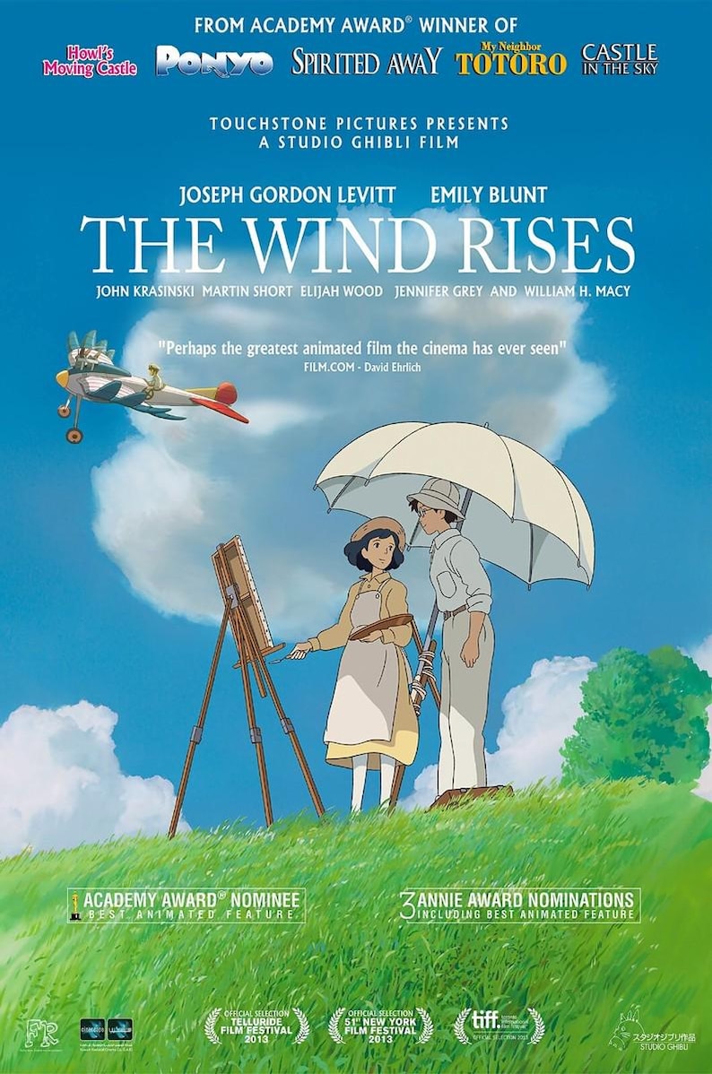 May include: Movie poster for "The Wind Rises," a Studio Ghibli film. The image features a couple under an umbrella, a plane, and text including the film's title and cast. The poster also highlights awards and nominations.