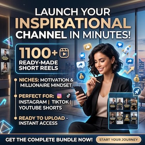 May include: A digital advertisement for a bundle of 1100+ ready-made short reels for motivational and millionaire mindset content. The graphic features text, social media icons, and a professional individual holding a smartphone and pen.