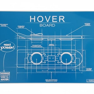 May include: Blue blueprint-style illustration of a hoverboard, featuring labeled components like the rear angled kicktail and stabilizing foot pad. The design includes the text "Hover Board" and "Weed Power!" with a warning about water.