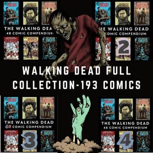 Può includere: Una collezione di fumetti "The Walking Dead", con copertine illustrate con zombie. L'immagine include il testo "WALKING DEAD FULL COLLECTION - 193 COMICS" e i numeri 2, 3 e 4.