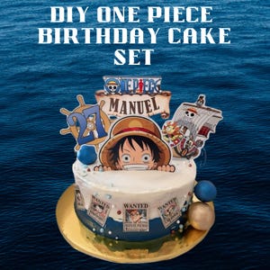 Kit de decoração e toppers para bolo de aniversário inspirado em One Piece | Personalizável | Download digital