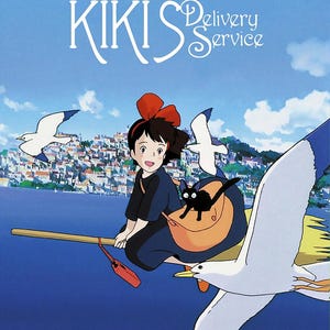 May include: Illustration from the animated film Kiki's Delivery Service. A young girl with a red bow rides a broom over the ocean, accompanied by seagulls and a black cat in a bag. The title is displayed in white text.