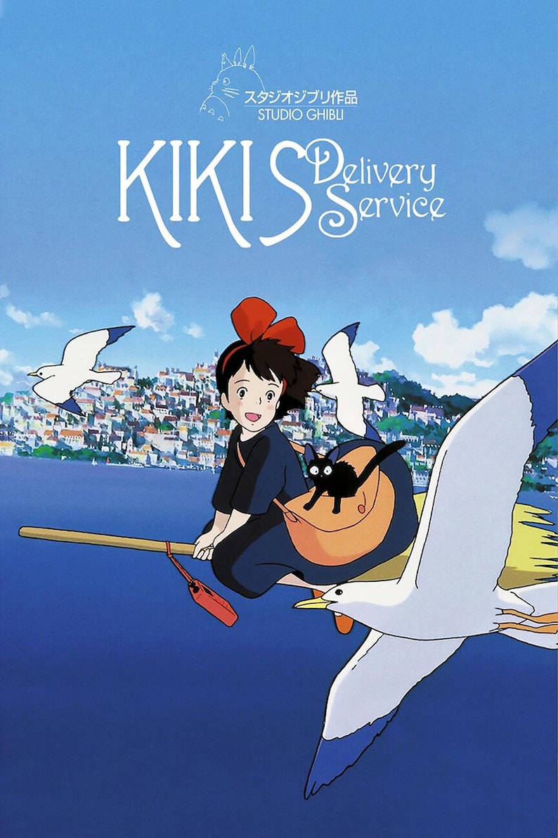 May include: Illustration from the animated film Kiki's Delivery Service. A young girl with a red bow rides a broom over the ocean, accompanied by seagulls and a black cat in a bag. The title is displayed in white text.
