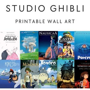 May include: Printable wall art featuring Studio Ghibli movie posters. The posters include "Kiki's Delivery Service", "My Neighbor Totoro", "Spirited Away", "Howl's Moving Castle", "Princess Kaguya", "The Wind Rises", "Nausica&auml;", "Castle in the Sky", "Princess Mononoke", and "Ponyo".