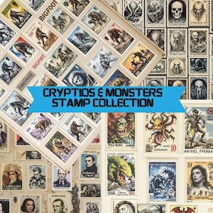 Könnte beinhalten: Eine Sammlung von Vintage-Briefmarken mit Kryptiden und Monstern. Die Briefmarken zeigen Illustrationen von Bigfoot, Vampiren und verschiedenen mythischen Kreaturen. Der Text "CRYPTIDS & MONSTERS STAMP COLLECTION" wird auf einem blauen Banner angezeigt.