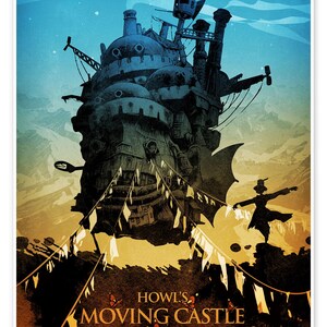 May include: A poster featuring the Howl's Moving Castle. The image shows a detailed illustration of the castle with a figure in a hat. The text "Howl's Moving Castle" is at the bottom. The color palette includes blues, oranges, and yellows.