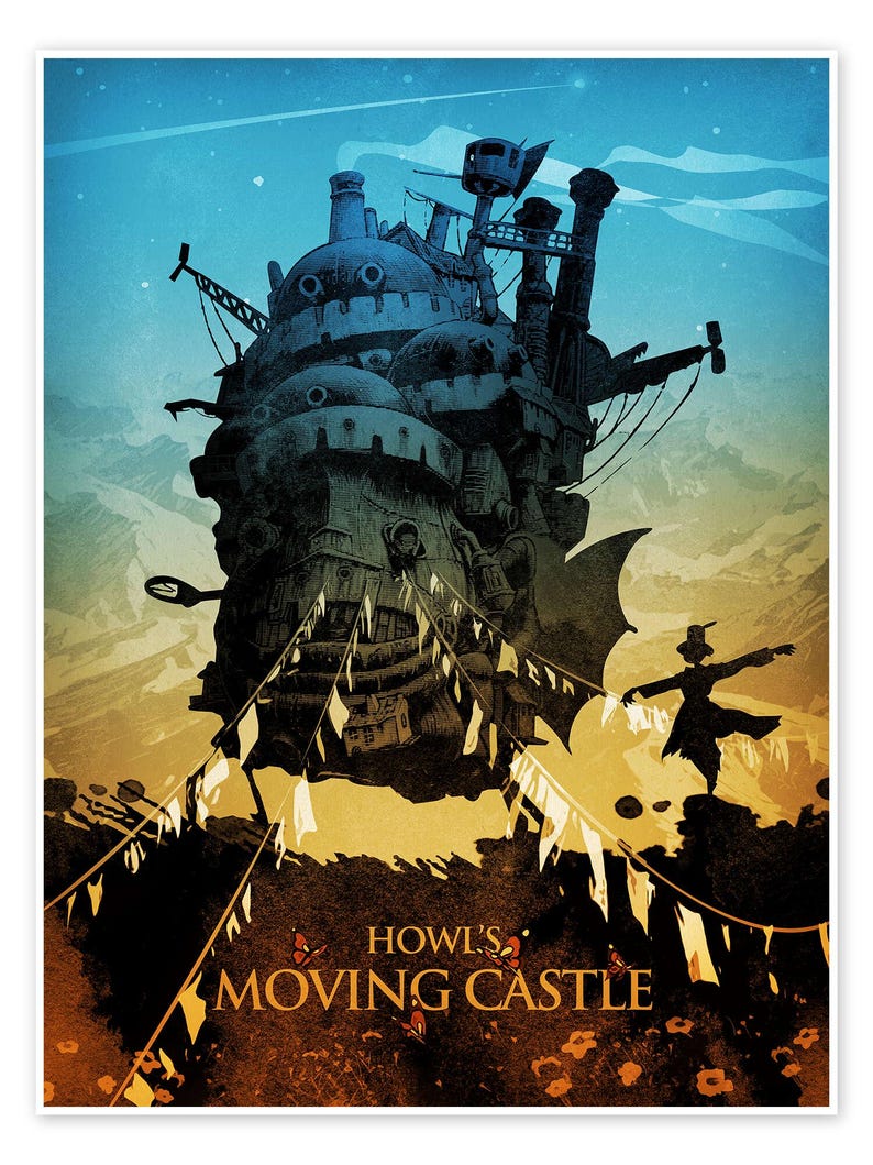 May include: A poster featuring the Howl's Moving Castle. The image shows a detailed illustration of the castle with a figure in a hat. The text "Howl's Moving Castle" is at the bottom. The color palette includes blues, oranges, and yellows.