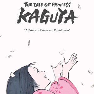 May include: Illustration from "The Tale of Princess Kaguya" film. A woman in a pink kimono looks up with outstretched arms as petals fall. The film title and director's name are at the top.