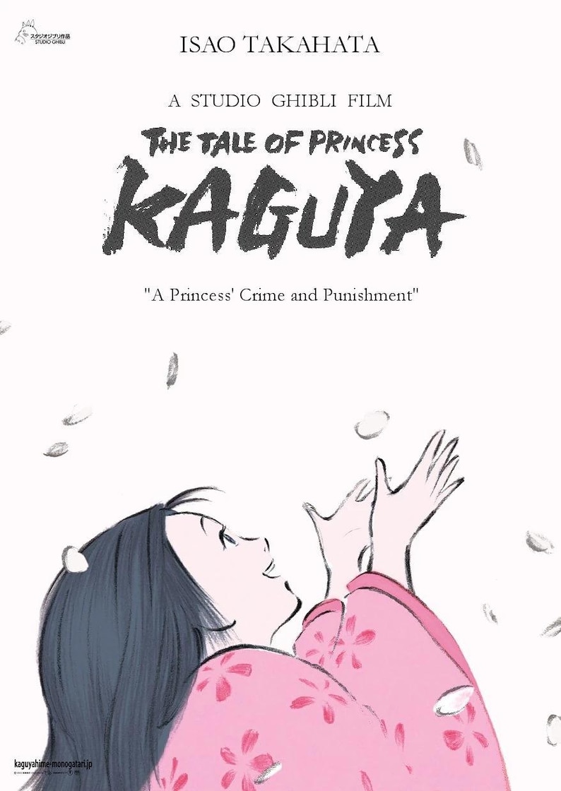 May include: Illustration from "The Tale of Princess Kaguya" film. A woman in a pink kimono looks up with outstretched arms as petals fall. The film title and director's name are at the top.