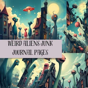 Weird Alien Junk Journal Pages – Tim Burton Inspired Bifold Scrapbook Printables, Gothic Space Ephemera, Cosmic Digital Download