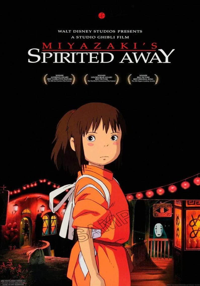 May include: Poster for the animated film "Spirited Away" by Studio Ghibli. The poster features a young girl in an orange outfit, with the film's title and awards displayed against a black background.