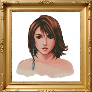May include: A framed digital illustration of a person with shoulder-length brown hair, featuring a long blue beaded earring on one side. The subject has heterochromia, with one green eye and one blue eye, set within an ornate, metallic gold frame.
