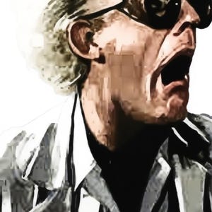 以下が含まれることがあります： 白髪と丸い黒いメガネをかけた男性の、驚いた表情で口を開けたスタイリッシュな肖像画。ストライプのジャケットを着ています。この画像は、映画のキャラクターにインスパイアされた可能性があります。