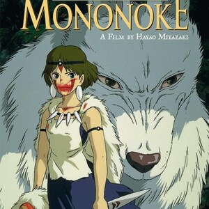May include: Illustration from "The Art of Princess Mononoke" featuring a female character with blood on her face, holding a knife. A large wolf-like creature is behind her. The title and film credit are at the top.