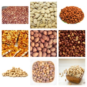 Puede incluir: Un collage de nueve imágenes que muestran diferentes variaciones de cacahuetes. Las imágenes muestran cacahuetes con cáscara, cacahuetes tostados, turrón de cacahuete y cacahuetes en un bol.