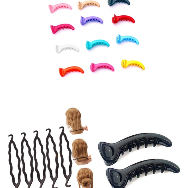 Combo Hair Accessories 5 Twist Holder Clip Roll Bun Hair Twist Braid Tool, 12 Small Plastic Banana Hair Clip, 2 Medium Black Banana Clip