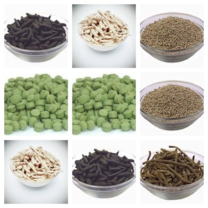 May include: Assortment of dried food items in bowls. The items include black and brown sticks, white strips, green round tablets, and brown and beige grains.