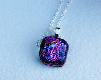 pink, blue, fused glass necklace, fused glass pendant, Dichroic glass pendant, sparkly glass, fused glass gift, fused glass jewellery