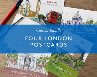 Londonvykort, set med 4, Buckingham Palace, Windsor Castle, Big Ben, Windsor Tower
