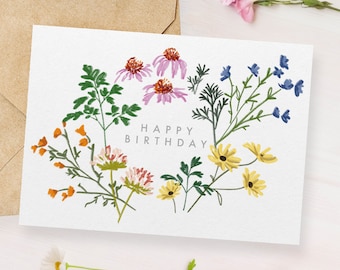 Geburtstagskarte mit Wildblumen, botanische Blumenillustration, leere Grußkarte