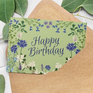 Cartão de feliz aniversário verde, floral azul, cartão de flores botânicas para ela/mãe/filha/irmã/namorada/esposa/amiga