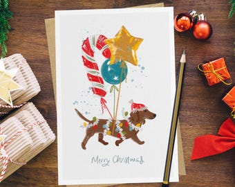 ダックスフンドのクリスマスカード、ソーセージ犬のクリスマスイラスト