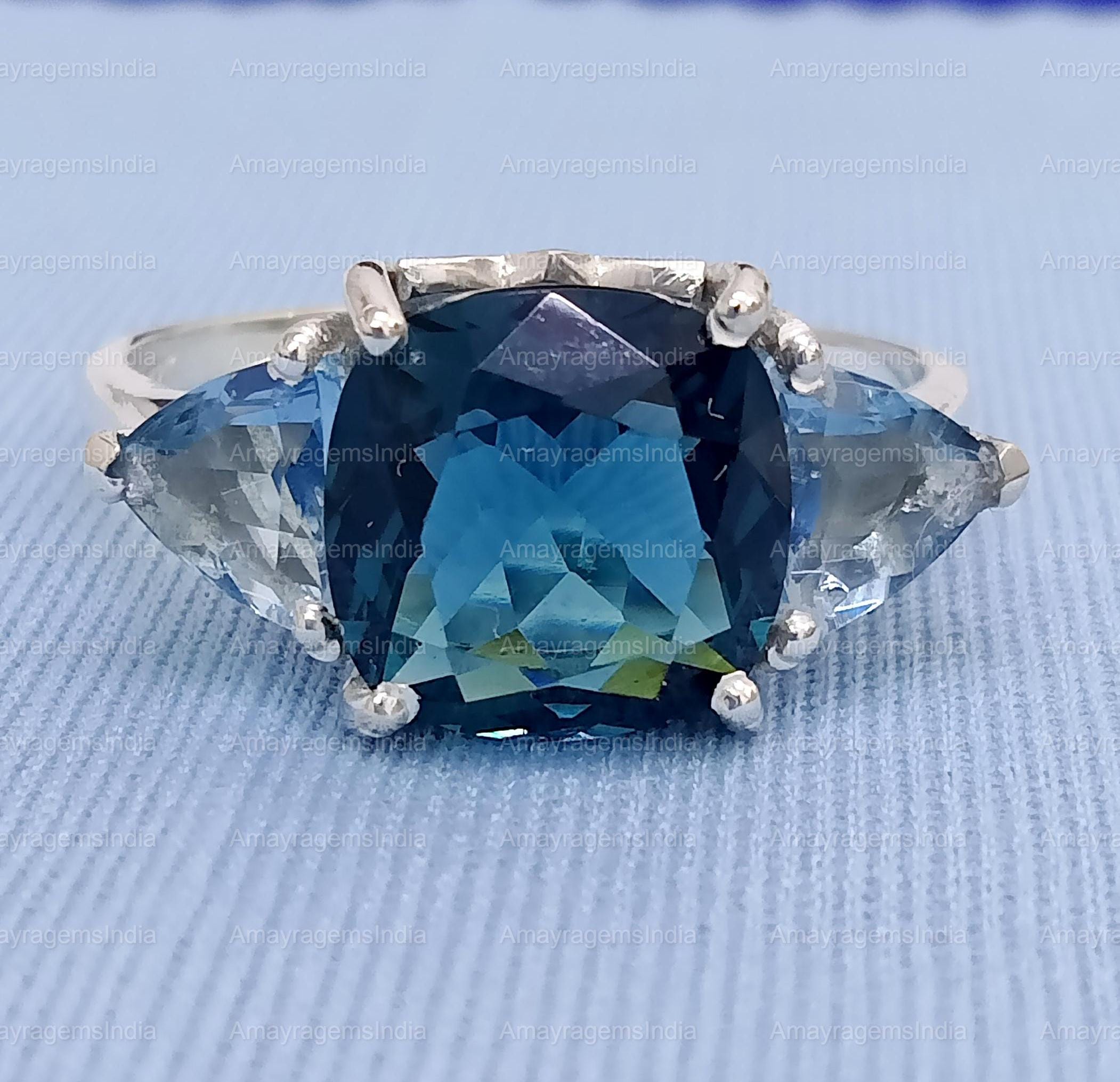 AAA+Quality Natural Cushion London Blue Topaz and Aquamarine Trillion Ring 5.50 Carat, 925 Sterling Silver Handmade Ring For Men And Woman