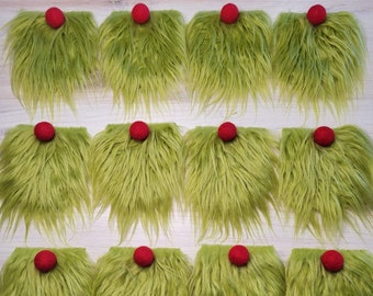Grinchy Green Faux Fur Beard 12 Pack with 12 Red Pom Noses - Precut Gnome Beards - Gnome Hair - Gnome Making Supplies - DIY Gnome Crafts
