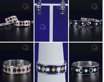 Enamel Geometric Jewelry Set | Enamel Ring and Earrings Set | Enamel Circle-Square Ring and Earrings | 925 Sterling Silver | Handmade Gift