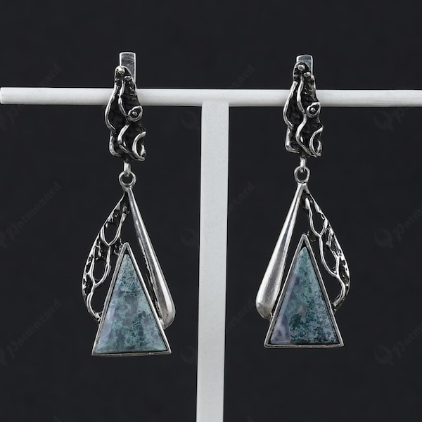 Green Moss Agate Silver Earrings Handcrafted Triangle-cut Gemstones Sterling Silver Earrings Ancient History Inspired Jewellery Gift for her
