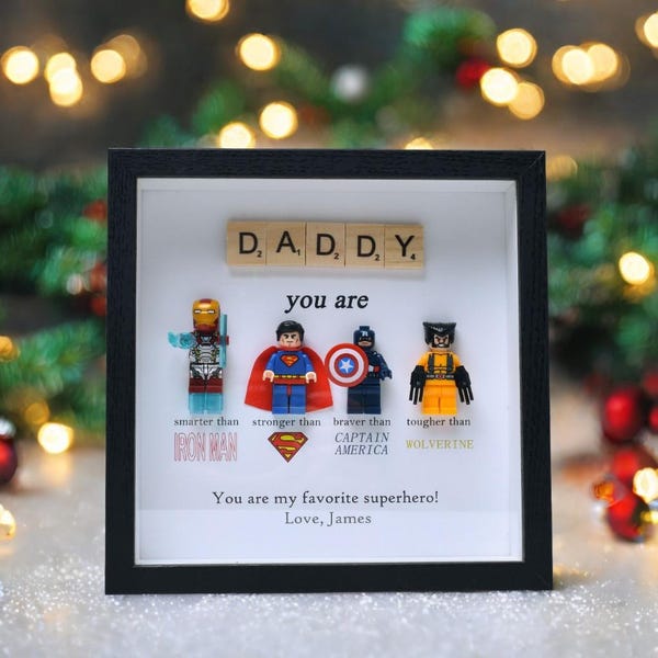 Gifts for dad: Set of 4 superhero figures | Personalised Framed Wall Hanging | Birthday gifts | Christmas Present