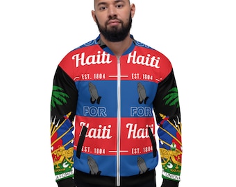 May include: A black bomber jacket with a zip fastening. The jacket features a repeating pattern of the Haitian flag with the text "Haiti Est. 1804" and "For Haiti" on the front and back.