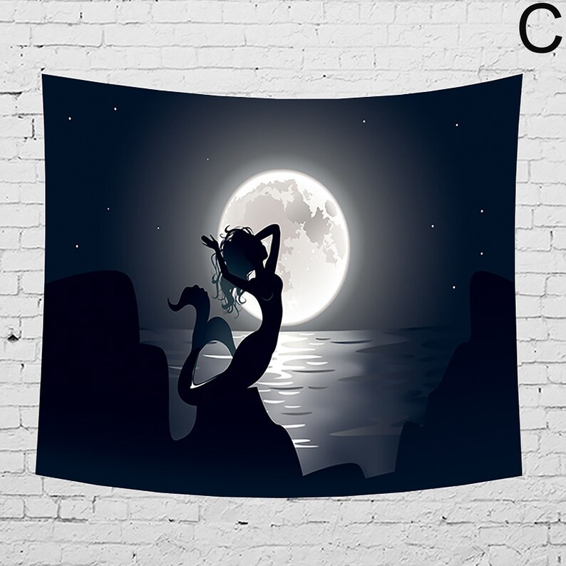 5 Style Psychedelic Moon Animal Tapestry Wall Hanging,3D Print Trippy Wolf Mermaid Tapestry,Fantasy Forest Tapestry Magic Tapestry,Wall Art
