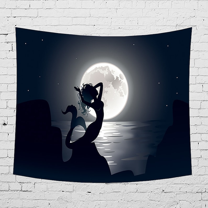 5 Style Psychedelic Moon Animal Tapestry Wall Hanging,3D Print Trippy Wolf Mermaid Tapestry,Fantasy Forest Tapestry Magic Tapestry,Wall Art