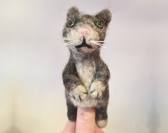 Dark Grey Cat Finger Puppet • Kids Storytelling Toy • Lovely Unisex Gift • Felt Toy • Handmade in Nepal