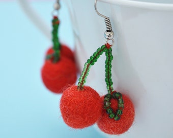 Felt Cherry Earrings With Beads • Handmade in Nepal