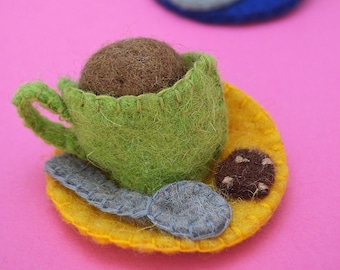 TEA Felt Brooch • Handmade Cute Cup of Tea and Biscuit Badge • Lovely Gift for Kids, Mother, Father, British • Spill the Tea Brooch