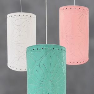 Pastel Perforated Pendant Lamp Shades • Balinese Style Cylinder Round • Ceiling Light Cover • Floral Boho Decorative Lightweight