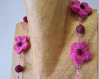 Pink Flower Felt Necklace With Beads • Handmade Jewellery From Nepal