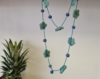 Blue Flower Felt Necklace With Beads • Handmade Jewellery From Nepal